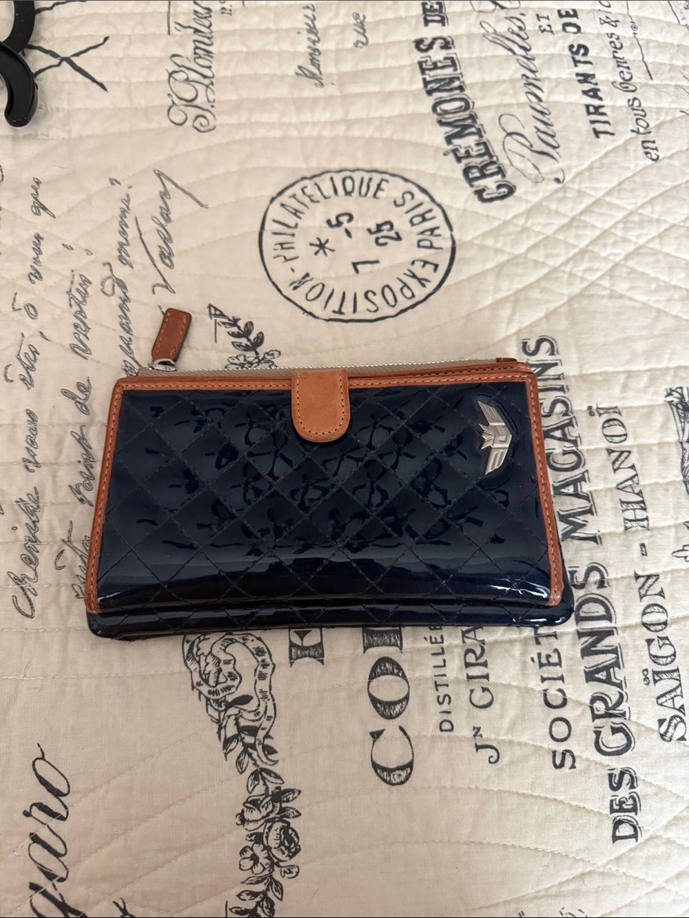 Consuela Navy Patent Quilted Wallet with Tan Trim